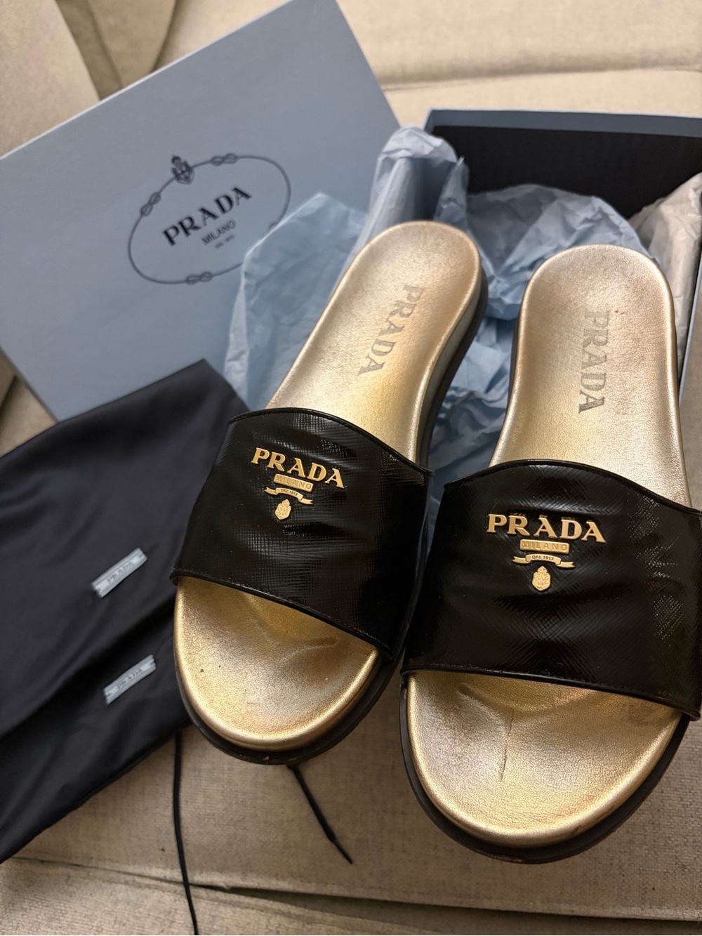 Prada Black Patent Gold Logo Slide Sandals